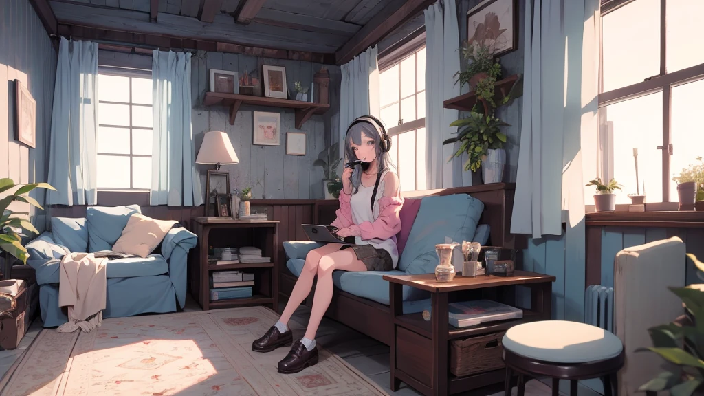 Chill night countryside Inside the apartment Retro girl ennui listen to music Headphones Long Hair