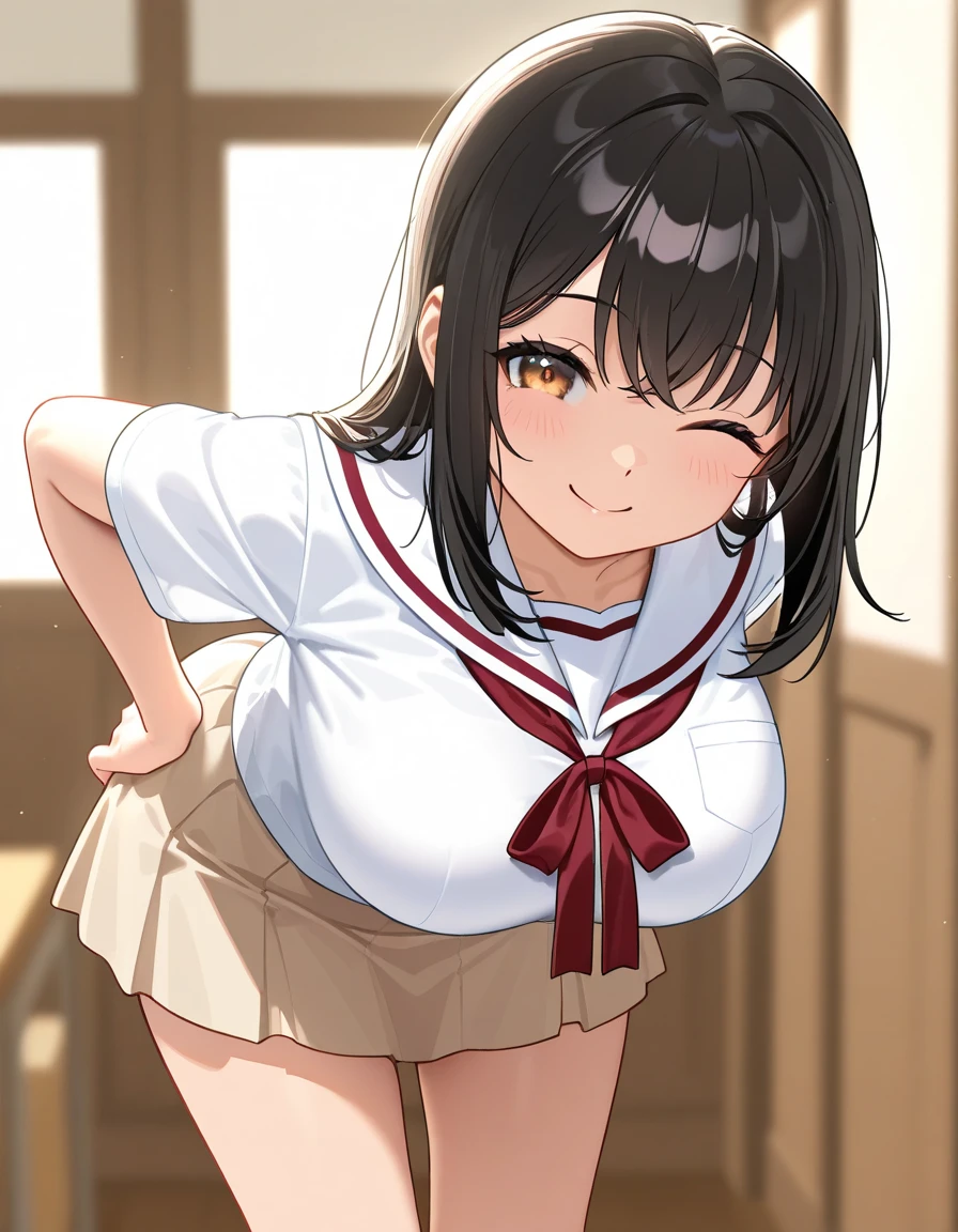 (8k, RAW photo, best quality, masterpiece, soft cinematic lighting, soft color:1.4),(ceiling, iook at camera,under breasts focus:1.5), (realistic), (indoor background), (solo, mature woman,19years old:1.3), (sailor uniform,underboob,low-cut miniskirt,sheer :1.3), (embarrassed,red Cheeks:1.25), party chignon bronze color hair, clean skin, (smaller butt:0.9),(huge long wide heavy breasts:1.3), (thick, curvy:1.3),(very skinny:1.3)