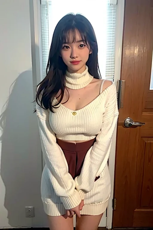 　(((Japanese female elementary school student)))(9-year-old girl)　((((9-year-old girlが一人、solo))))　whole body写真　Full Shot　Medium Hair　A low ponytail　(((((Dark tanned skin)))))whole body　Innocent　Winter clothes　Off the shoulder((mesh))sweater　At the hem(((Frills)))Tulle mini skirt with　cute　Elementary school classroom　　Shot from between the legs　Spread your legs　Spread your legs　　Visible through the gapショーツ　Visible through the gap(Panties)