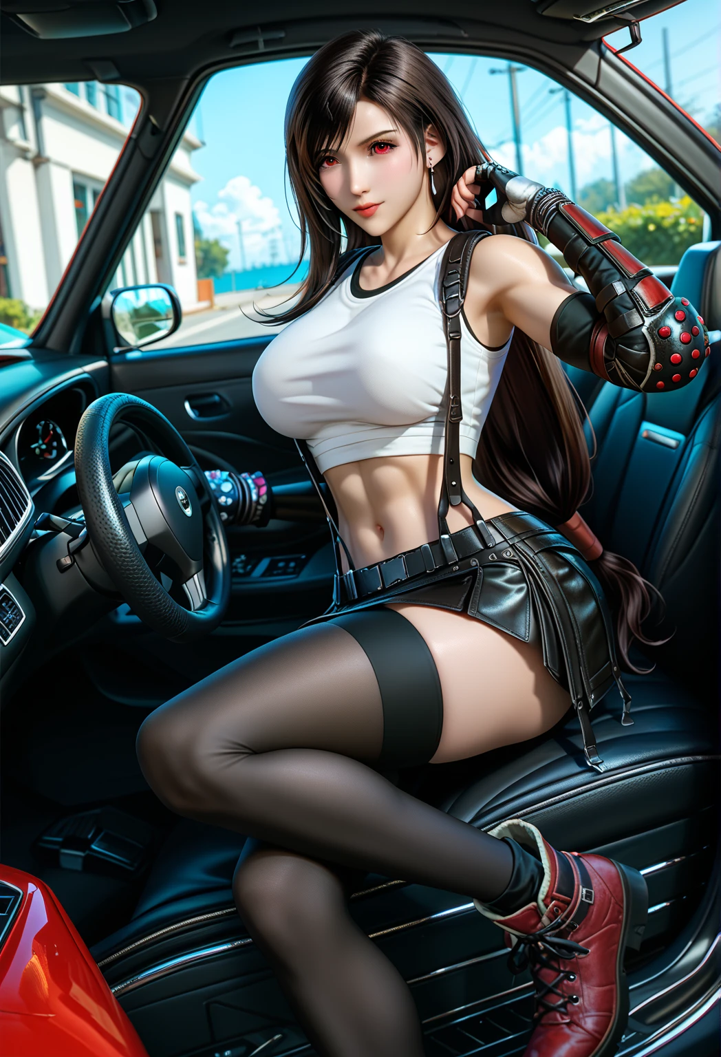 (nsfw),(8ｋ、highest quality、masterpiece:1.2)、(realistic、realistic:1.3 people 7)、Super detailed、Girl 1 mature woman mature woman character、the cutest、alone、、、、、、(tifa lockhart)、(big breasts)、(((Huge )))、(((Remove your clothes and show your bra)))、(((black bra)))、(beautiful eyes)、(smile:1.2)、(closed)、erotic pose、dance、neon、cityscape、and depth of field、dark and strong shadow、sharp focus、car、motion blur、自転car、and depth of field、composition、glowing green light、Final Fantasy VII、tool、（鼻をredらめる）、シングルelbow pads、ankle boots、dark black hair、黒thighs、red boots、elbow bag、elbow pads、fingerless gloves、taut shirt、play sports often、（suspenders,,,,,）black skirt)、thighs、white tank top、whole body、headrest、lips、facial、low tie long hair、(red_It seems))、yellow flower、(night:1.3)、Complex、Bokeh、cinematic lighting、photon mapping、radio city、Physically based rendering、(Tetsuya Nomura style)、NSFW、perfect breasts