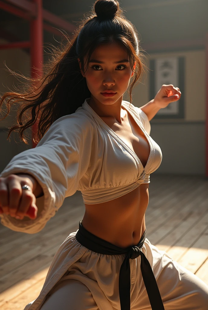 beautiful japanese woman with big boobs in revealing short ninja costume, preparing to strike, fighting pose, confident look, kung fu