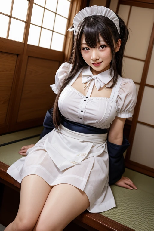Iroha, super breasts, thick thighs, long black hair, 8K, 4k, highest quality, high resolution: 1.2), cute anime face, noise reduction, maid, Japanese style maid, black leotard, full body portrait, digging leotard, Liu Erdao, sandals, blue eyes, black long tights, gentle smile, white kimono, thong digging into buttocks, buttocks emphasis