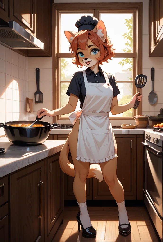 girl, fox, furry, bodyfur, tail, collar, topless, jeans, long pants, gloves, boots, chibi, sparkling eyes, full body, cooking, kitchen, apron, looking back