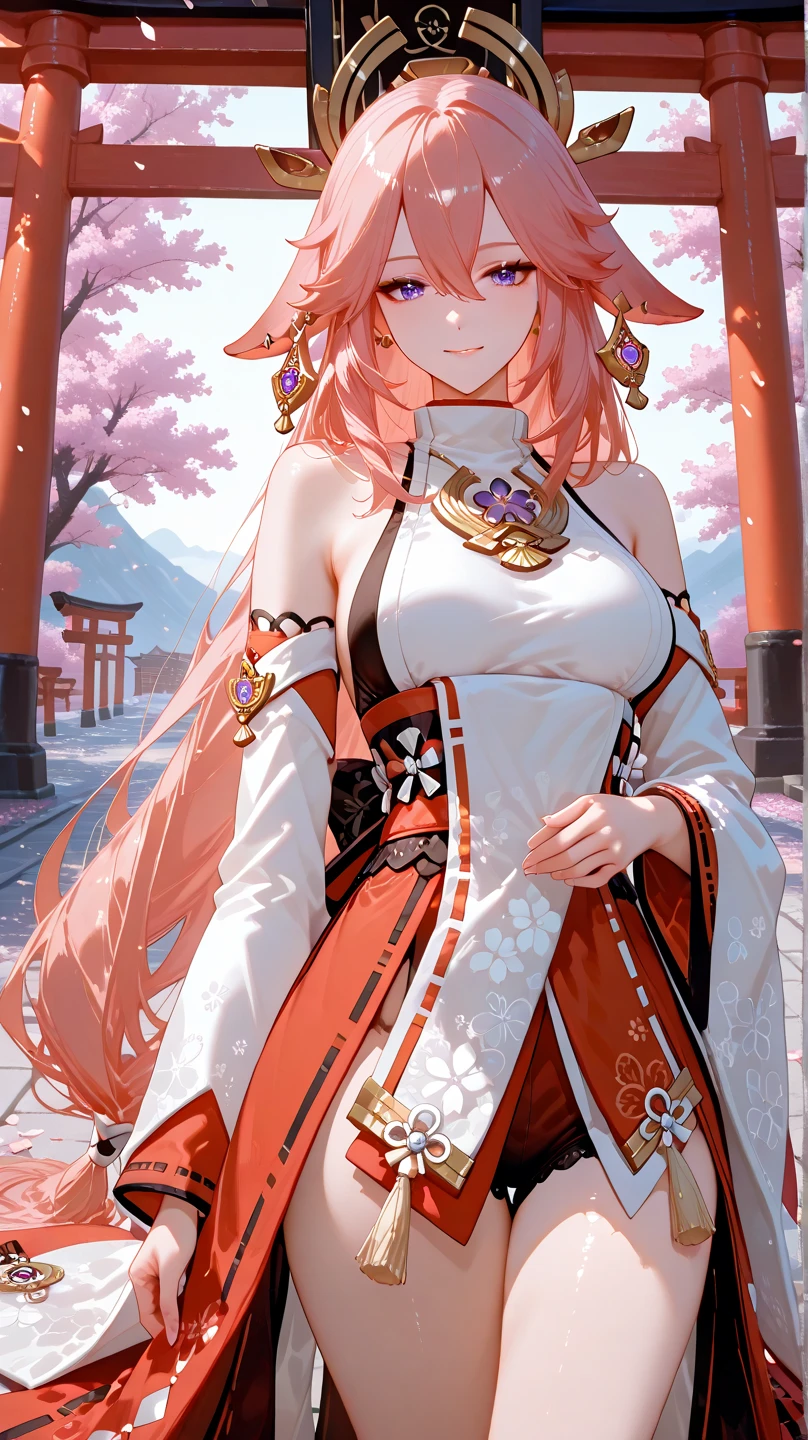 (Masterpiece, Excellent, 1girl, solo, complex details, color difference), realism, ((medium breath)), off-the-shoulders, big breasts, sexy, Yae Miko, long pink hair, red headdress, red highlight, hair above one eye, green eyes, earrings, sharp eyes, perfectly symmetrical figure, choker, neon shirt, open jacket, turtleneck sweater, against the wall, brick wall, graffiti, dim lighting, alley, looking at the audience, ((mean, seductive, charming)), ((cherry blossom background ))),((Japanese temple background)))), (((Glow-in-the-dark background)))