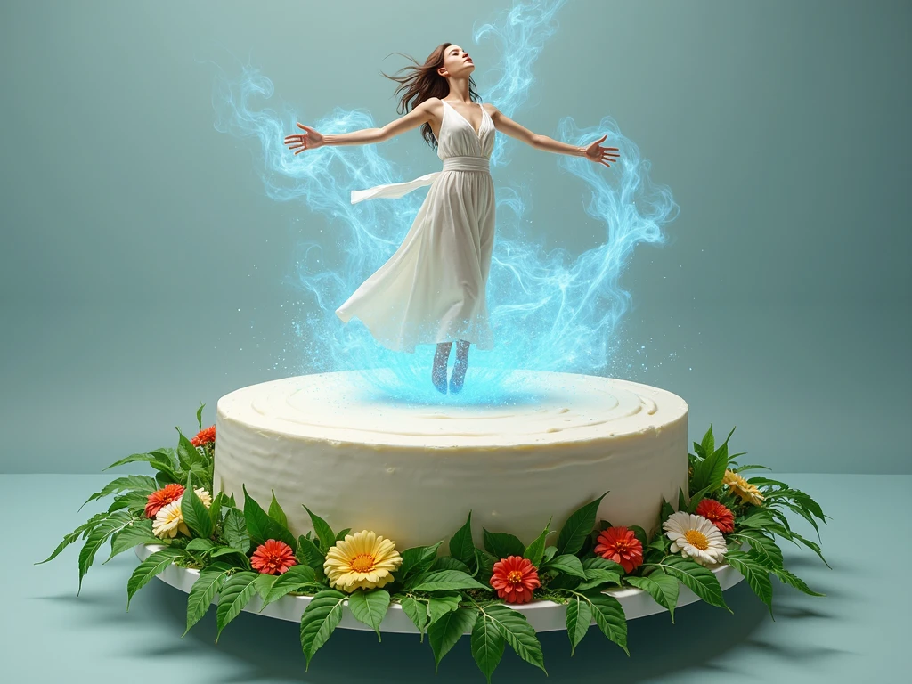 A hyper-realistic photo on a raised platform a woman floating inches above a huge plain cake desert. She's closing her eyes, her hair and loose, highly detailed, white clothing is fluttering upwards in a blue energy-filled wind generated around her.  Her arms are out, fingers of her hands splayed wide as she uses powerful magic.  Below her feet and spreading radially outward, made of frosting, are vibrant thick green vines with large leaves and flowers of many colors.