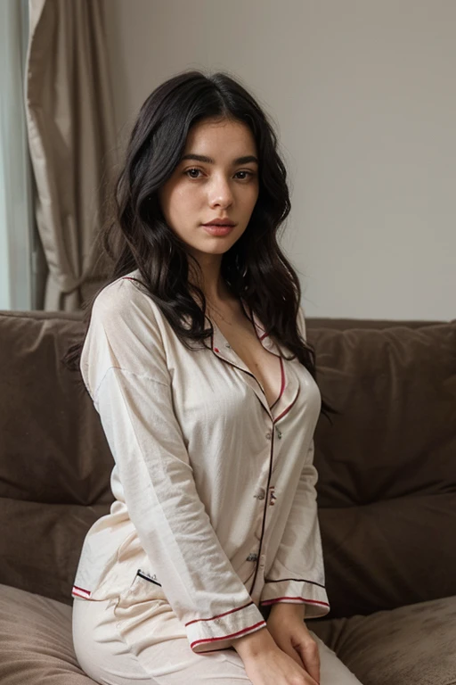 hotorealistic, best quality, hyper detailed, beautiful woman, long distance shot, view from the side, posing, sitting on the sofa, perfect body, flirting, upper body, solo, smile, wearing silk robe, analog style, skin texture, film grain, ultra high res, best shadow, RAW, instagram LUT