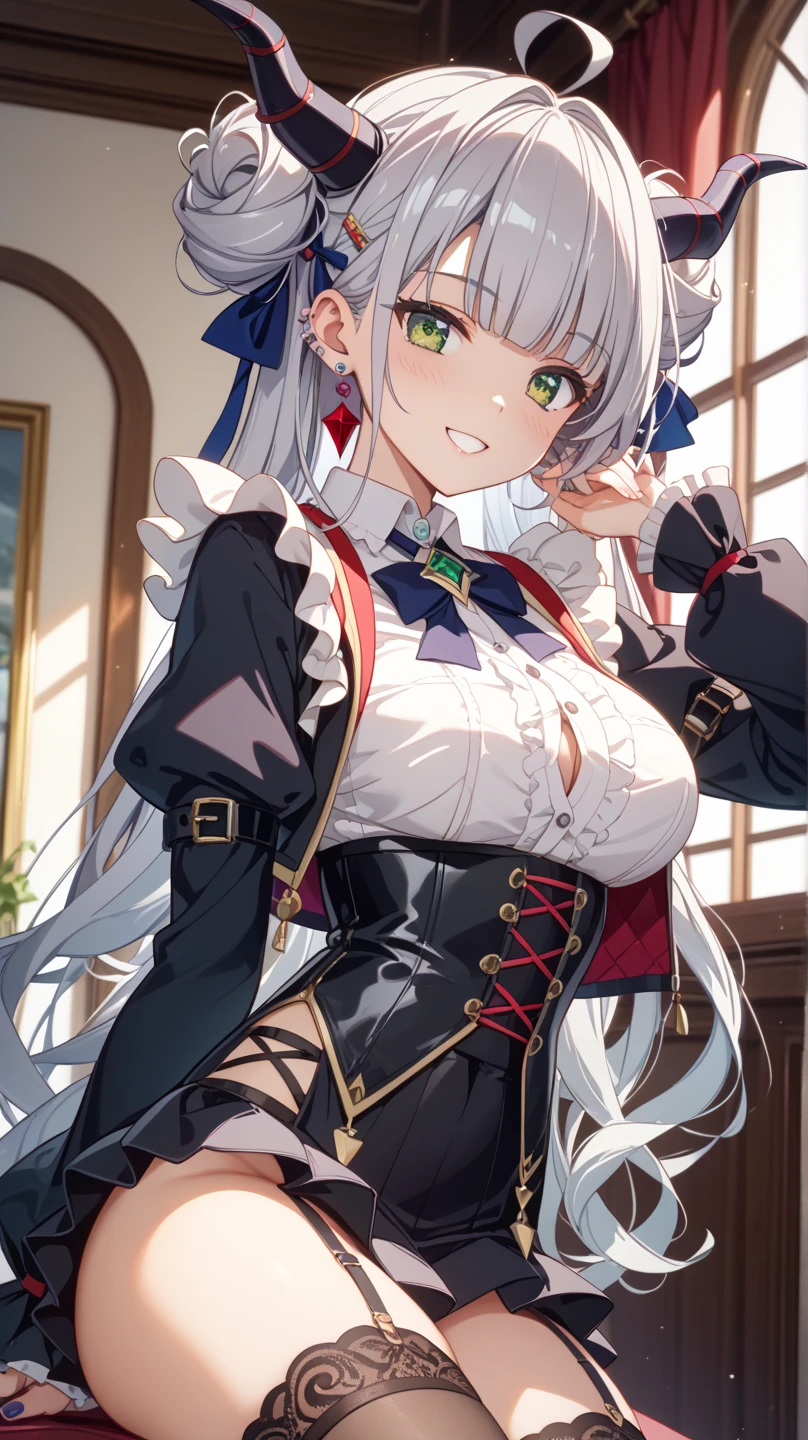 masterpiece, best quality, highres, aapatra, long hair, multicolored hair, horns, cone hair bun, hair ribbon, pointy ears, large breasts, bell, bare shoulders, cleavage cutout, frills, black dress, detached sleeves, red sleeves, long sleeves, white thighhighs, standing, outdoors, hand on hip, smile, cowboy shot,