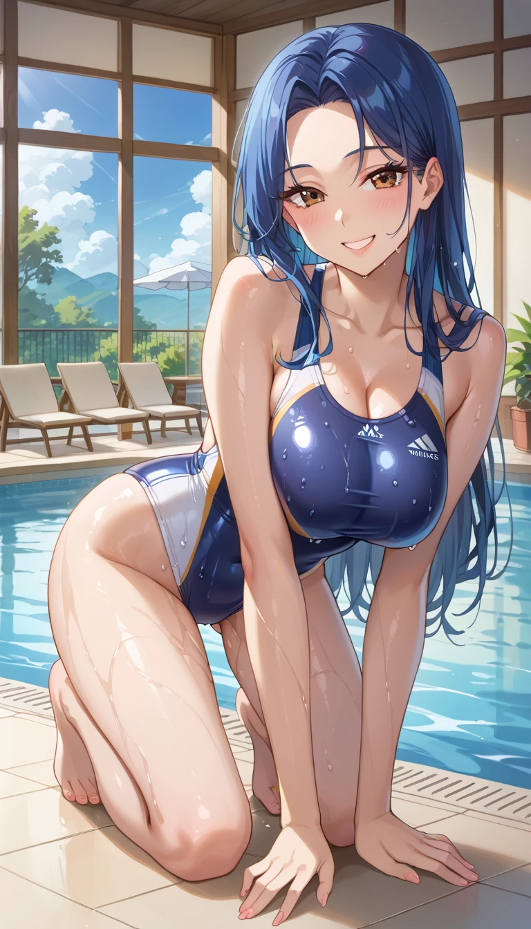 High resolution, woman , good lighting, despicable, , (No nudity), (((光沢のあるnavy blue school swimsuit))), (navy blue school swimsuit), cute face, I'Iは恥ずかしくて赤面します, humiliating, ((sit with legs spread)), ((wet with sweat))((sticky liquid adheres to the body))pool