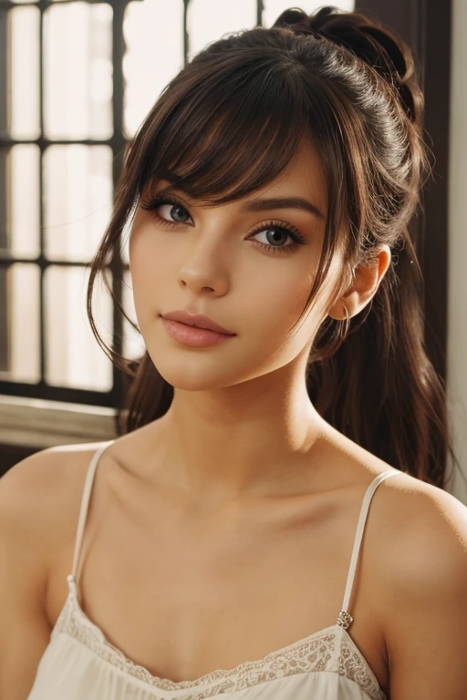 Piel tez morena, ojos marrones, chica de baja estatura, wavy shoulder-length brown hair, con una sonrisa linda y burlona, traje de la UA del anime my hero academia