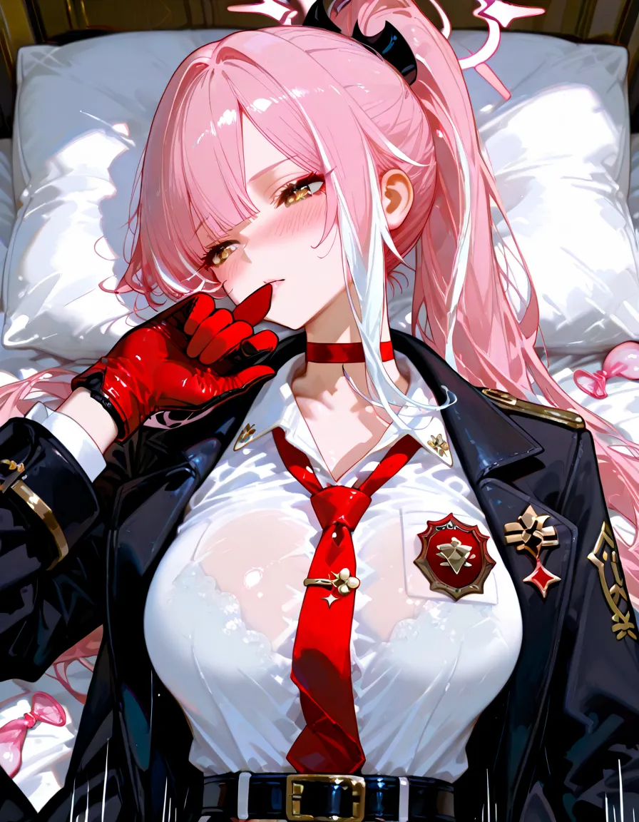 A woman who is pushed down on the bed and looks embarrassed, she is lying on her back, her uniform is about to come off, her breasts are visible, a girl has sex with her skirt turned up, her panties are visible, missionary position, erotic Face, porn, gonzo, screaming with mouth wide open, blushing, 18+, pleasant looking face,