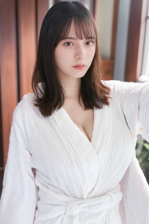 1 girl,whole body照片,fit,Stand confidently,Looking at the audience, Focus only on yourself, Practical, ultra Practical 8k cg, picture-Perfect face, Flawless, Clean, masterpiece, Professional artwork, 名家work, Perfect face, Pretty Face, beautiful Eye, ((Perfect female body)), solitary,(Immersive atmosphere, Chiaroscuro:1.5,Bright Light:1.2,Luminous lighting) ,,(blush:0.5),Express,Extremely detailed_Eye, Beautiful and detailed background,Depth of Field,Practical:1.3, Telephoto,1 girl,((Wearing a white bathrobe with breasts exposed)), whole body, (Ambient Light:1.3),(work:1.3),(neon:0.1),(Human Development Report:0.1),Accent Lighting, White thin,Legs open