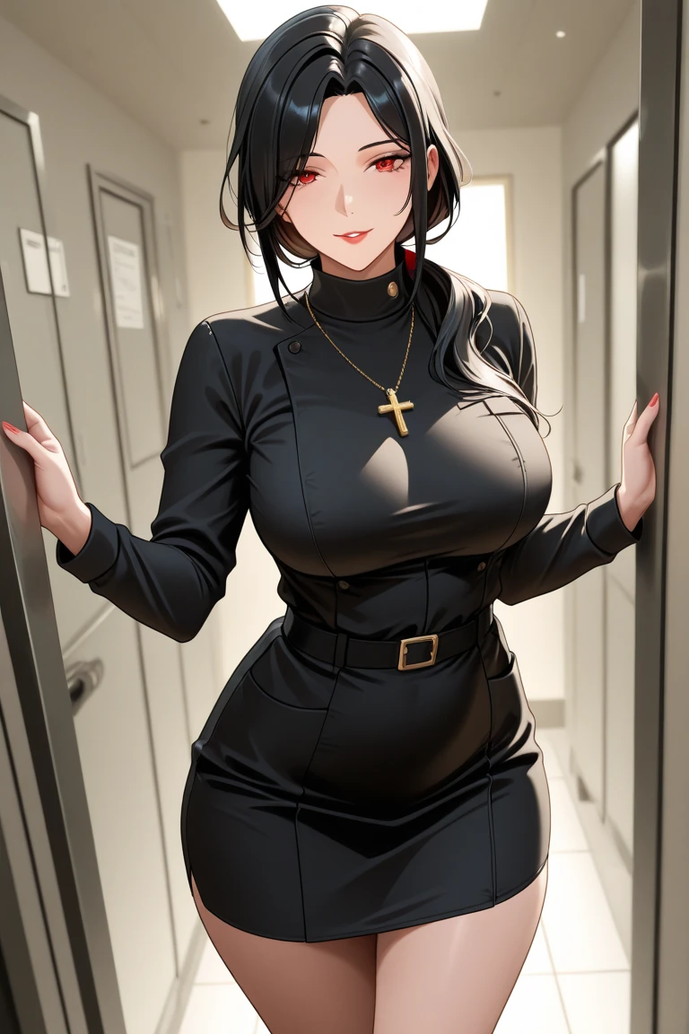 arafed woman in a nun costume posing for a picture, nun outfit, nun fashion model, nun, profile picture 1024px, dressed like a cleric, sexy nun in tight short dress, shiftymine, cosplay, sexy nun, thicc, nerdy, cosplay photo, nerdy appearance, full-cosplay, pressing her breasts together with her hands