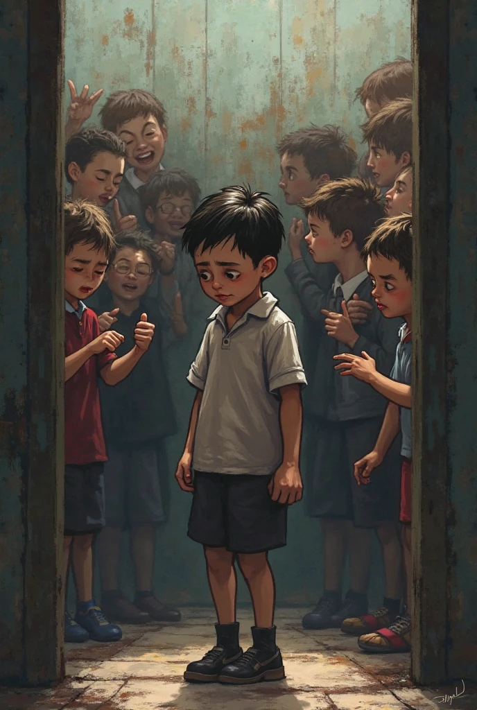 A child crying while other children mock him