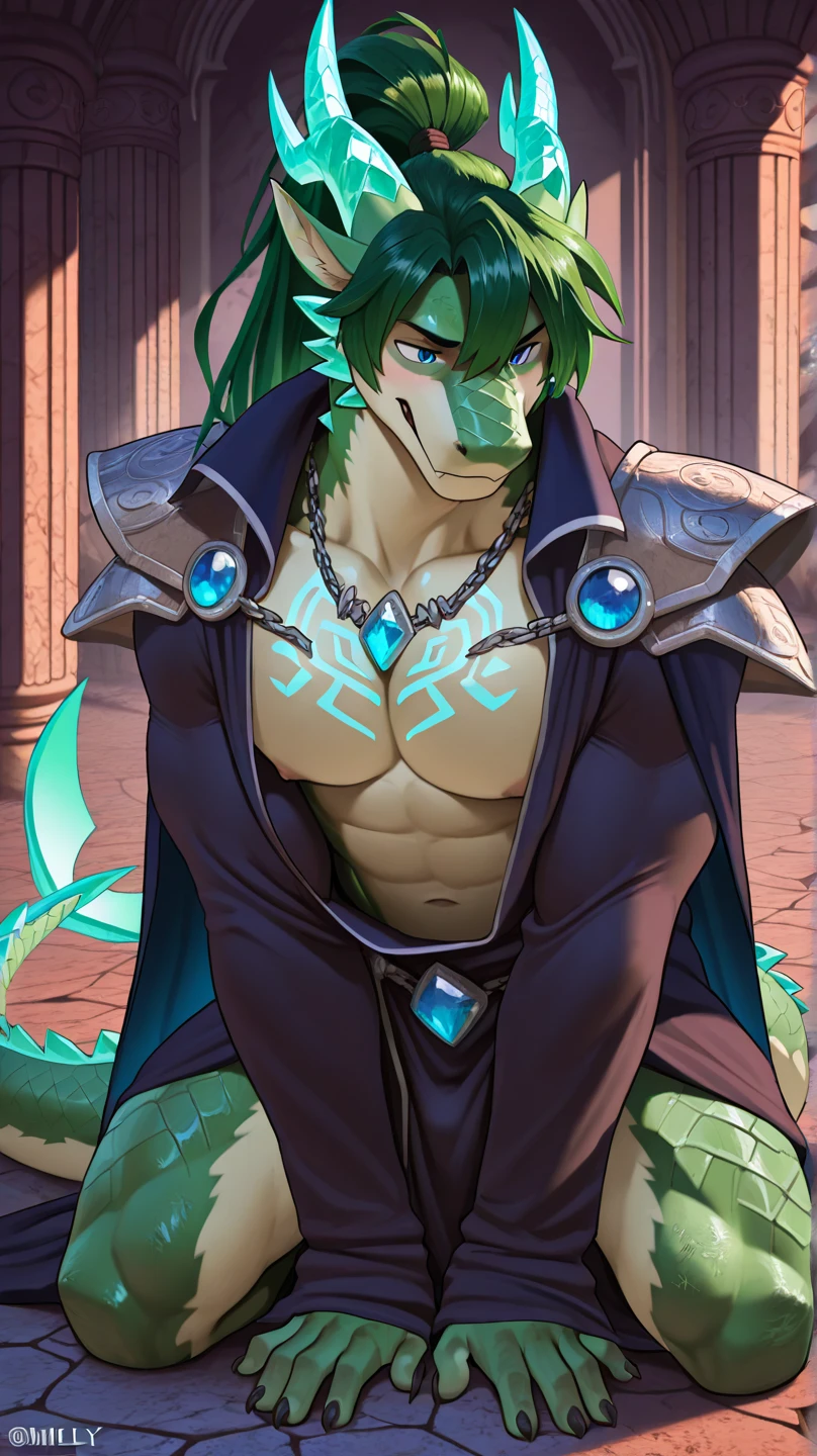 (masterpiece, best quality), 1male wearing micro thong ((black micro-thong:dragon_pattern_design_thong)), bio-luminescent_water_world, wide angle, athletic male_body, shinny_skin, shirtless, flat chest, silver eyes, green hair styled in spikes, big mane, determined expression, small waist, broad chest, muscular, illustration, watercolor, ink sketch, ((extremely detailed, extremely detailed legs, extremely detailed arms, extremely detailed face, perfectly detailed eyes, perfectly detailed anatomy))