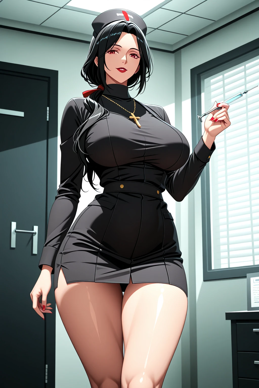 Beautiful woman with mid straight wavy black hair with brown eyes wearing a Red Mock Neck Cut Out Dress, Sexy Criss Cross Mock Neck Dress With Short Sleeves, luxurious jewelry and luxurious necklace, rimless glasses, high heel shoes, standing in her office room at night, (caucasian skin), (light brown lipstick), (elegant mascara), (slim body with abs), (small breasts), (wide hips), midjourney, <lora:GoodHands-, <lora:GoodLegs-, UHD, high resolution, (masterpiece:1.9, best quality), (expressive eyes, perfect face, full body, expressive face, perfect body, perfect pussy, athletic, fit, slim body, blushing, Perfect makeup, eyeliner, beautiful eyelashes, smiling, horny face), ((best illumination, best shadows)), ((sexy pose))