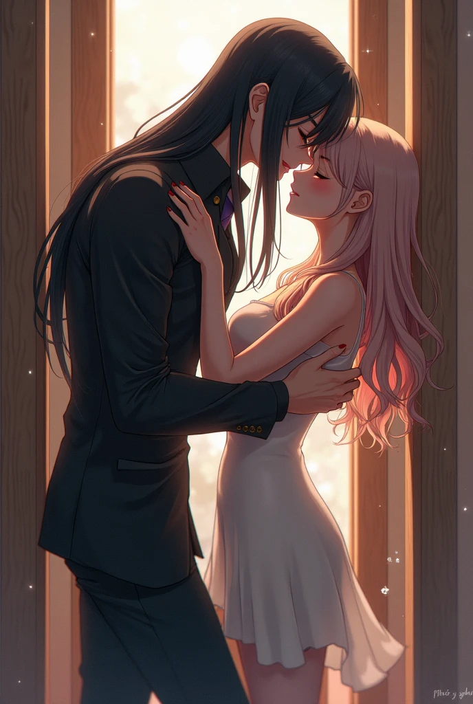 Pale man with long white hair and black clothes kissing a pale woman with pink hair with bangs