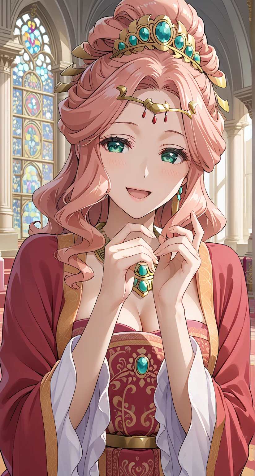 ((masterpiece)), ((Highest quality)), ((open mouse)), ((びっくりする)), ((Pink drill hair girl)), (15-year-old princess), ((Red dress)), (Blue Gem), (A detailed and beautiful gold decorated tiara), (Big beautiful blue eyes), ((Beautifully detailed face)), (Normal size breasts), Ultra-high resolution, (アニメ:1.1)