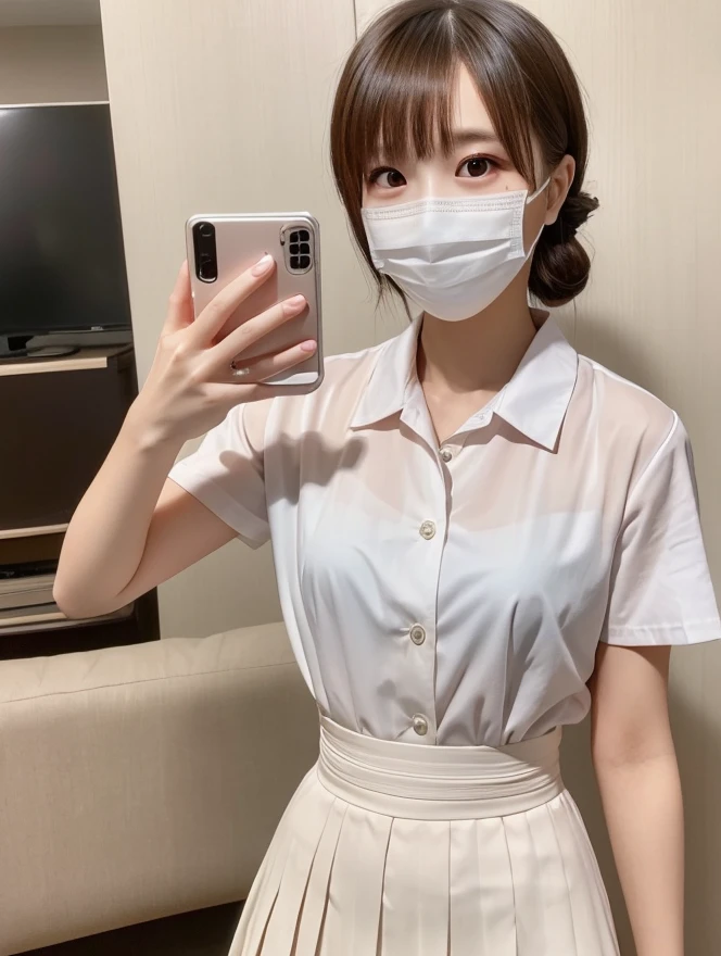 girl,Japanese,high school girl，have bangs,pale light,Glossy skin、bob hair，(sweaty skin)，blouse，(pleated skirt，the skirt is turned up，underwear is visible)，bed，thin legs，(semen)，wearing a mask