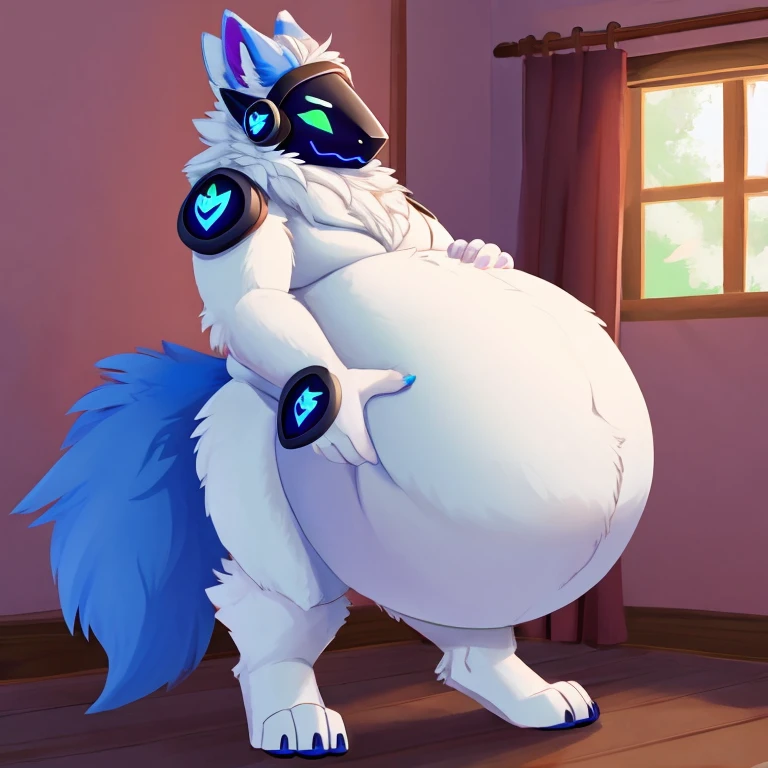 hi res,(protogen), anthro, 4 fingers, bright cyan eyes, male, hyper muscles, hyper muscular male, erect dick in boxers, almost naked (only underwear), VERY HUGE / VERY LONG detailed bulge, cum, long tail, fluffy tail, white body, inside, solo, dark room, detailed background, by milkytiger1145, by takemoto arashi, by null-ghost, cold atmosphere, crazed expression