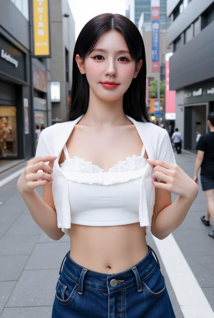 Highly detailed CG Unity 8k wallpaper、highest quality、Ultra-detailed、masterpiece、Realistic、Photo realistic、Highly detailed cute girl、20-year-old、((Roll up the skirt yourself)))、(Lift it yourself)、Wearing panties、Panty Focus、blush、Lips parted、Looking at the audience、Semi Body Shot、(A large number of people)、(On the streets of Tokyo)、(((Show your pubic area excitedly )))