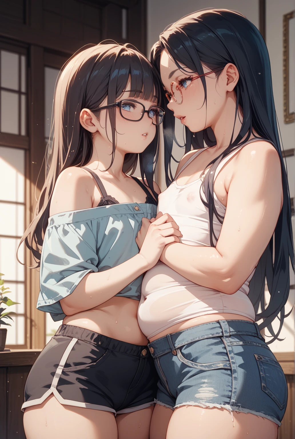 ultra-detailliert, Best Quality, High resolution, ((Two cute little girls with dark hair)), Pretty eyes、Looking at Viewer, pale skin, Petite,(naked)、(I don't wear panties)、(flat chest), (Glasses), (blush:1.2), (big eye:5.0), An embarrassed smile, NSFW, konbini、Focus on the face、 (Long hair)