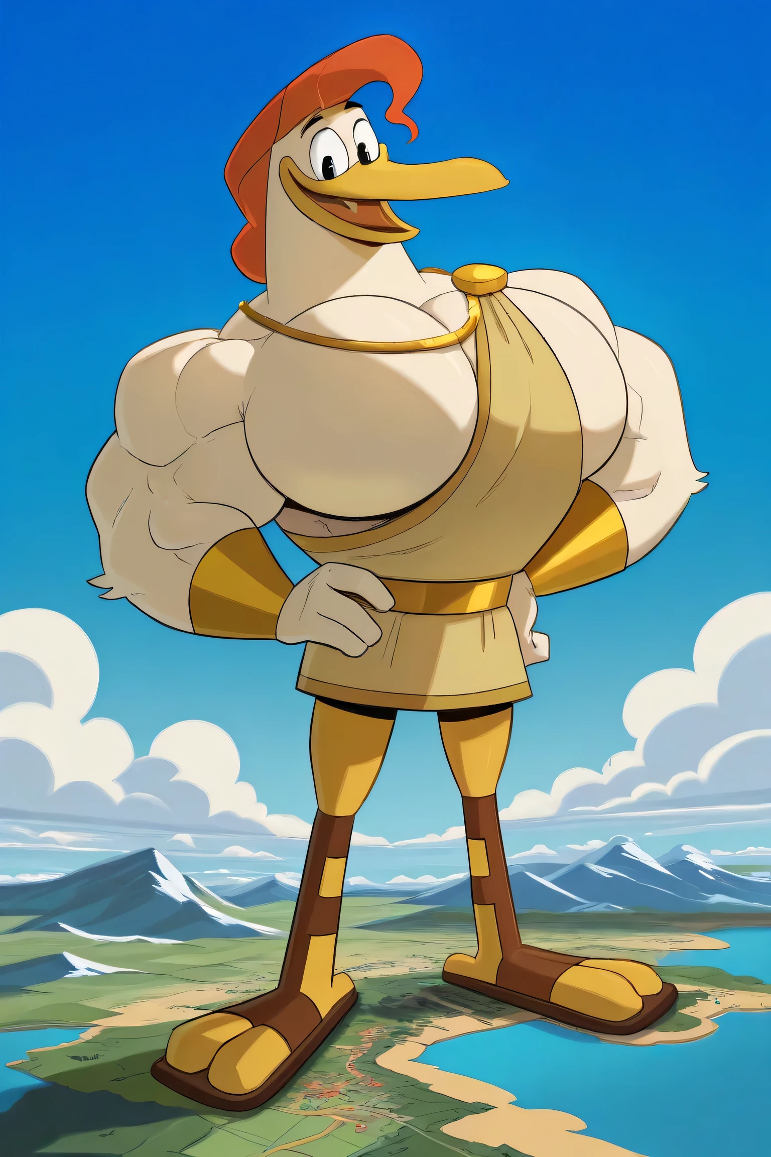 score_9, score_8_up, score_7_up, score_6_up, best quality, highres, source_furry BREAK ppp BREAK (outdoors, sky and clouds, detailed background:1.2), blue sky background, fairytale fantasy scene, jack and the beanstalk story,
1boy, male, solo, duck, beak, launchpad mcquack, white skin, muscular body, golden armor, golden bracelets with colorful jewels, golden necklaces with colorful jewels, ripped dark brown pants, black eyes, smile, happy, open beak with teeths, looking down, hand on hip, short hair, red hair, anthro, smile, furry, green shirt with long sleeves, green vest, bigger brown gloves, ginomous biceps, enormous pectorals, giant size, macro size, 50-foot size, 80 feet tall, full body, yellow legs, brown boots, blue sky background.