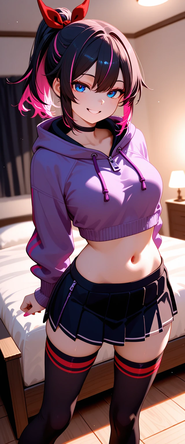 ((Masterpiece)), best quality, absurderes, ultra detailed, 1girl, most beautiful girl with beautiful and stunning eyes, multicolored hair and a high ponytail, nice and sexy body, wearing an anime tight shirt, super tight boxers with cute drawings and beautiful hair ornament, in a kawaii bedroom with many plushies flirting with viewer
