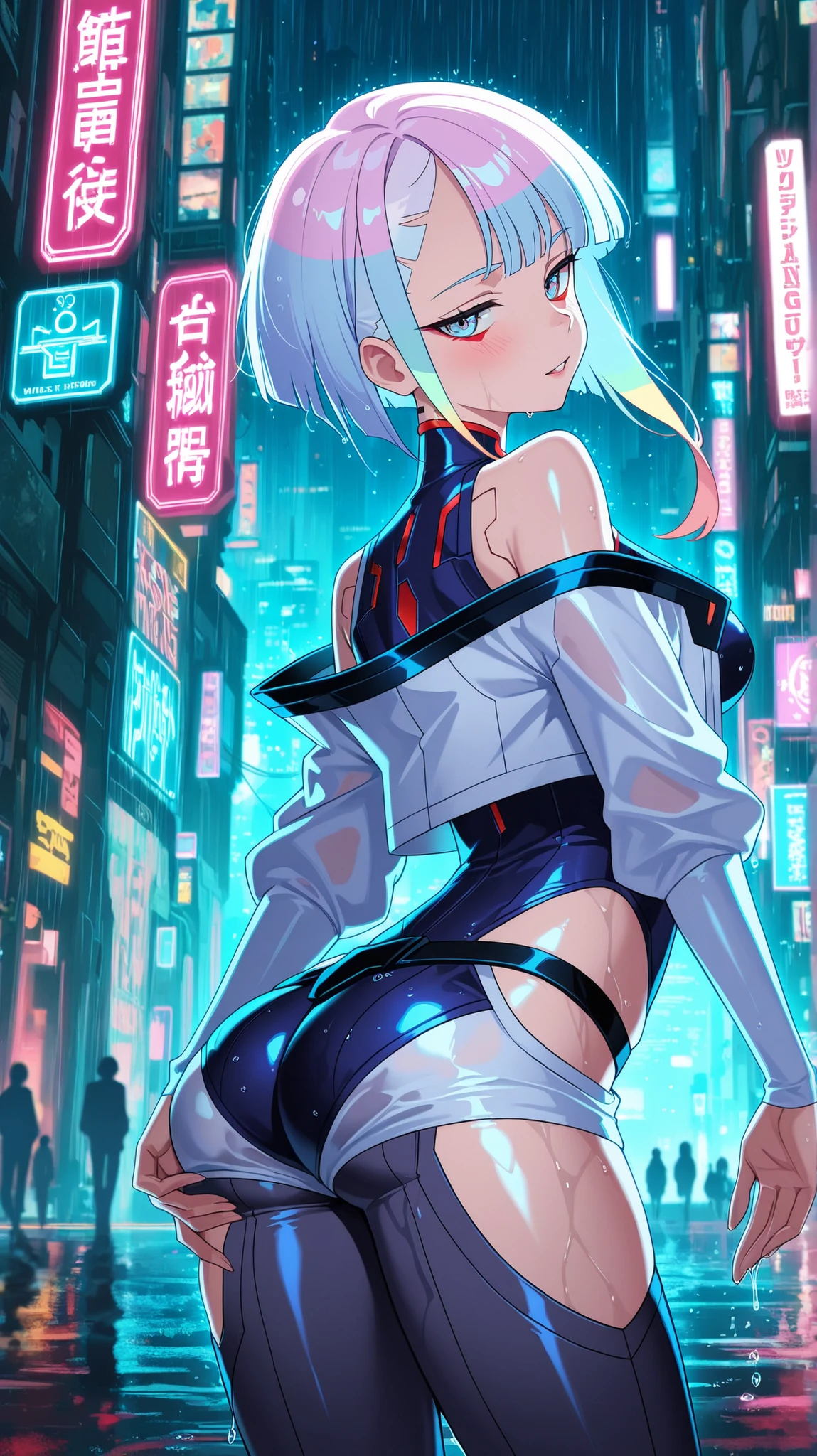 cyberpunklucy, lucy, short hair, bangs, blue eyes, blue hair, multicolored hair, makeup, multicolored eyes, smile,
BREAK bare hips,black  jacket,off-shoulder jacket, open clothes, open jacket, 
BREAK outdoors, city, moon, night, sky, clouds,
BREAK looking at viewer, (cowboy shot:1.5),
BREAK (masterpiece:1.2), best quality, high resolution, unity 8k wallpaper, (illustration:0.8), (beautiful detailed eyes:1.6), extremely detailed face, perfect lighting, extremely detailed CG, (perfect hands, perfect anatomy),naked ,naked tits,show ass