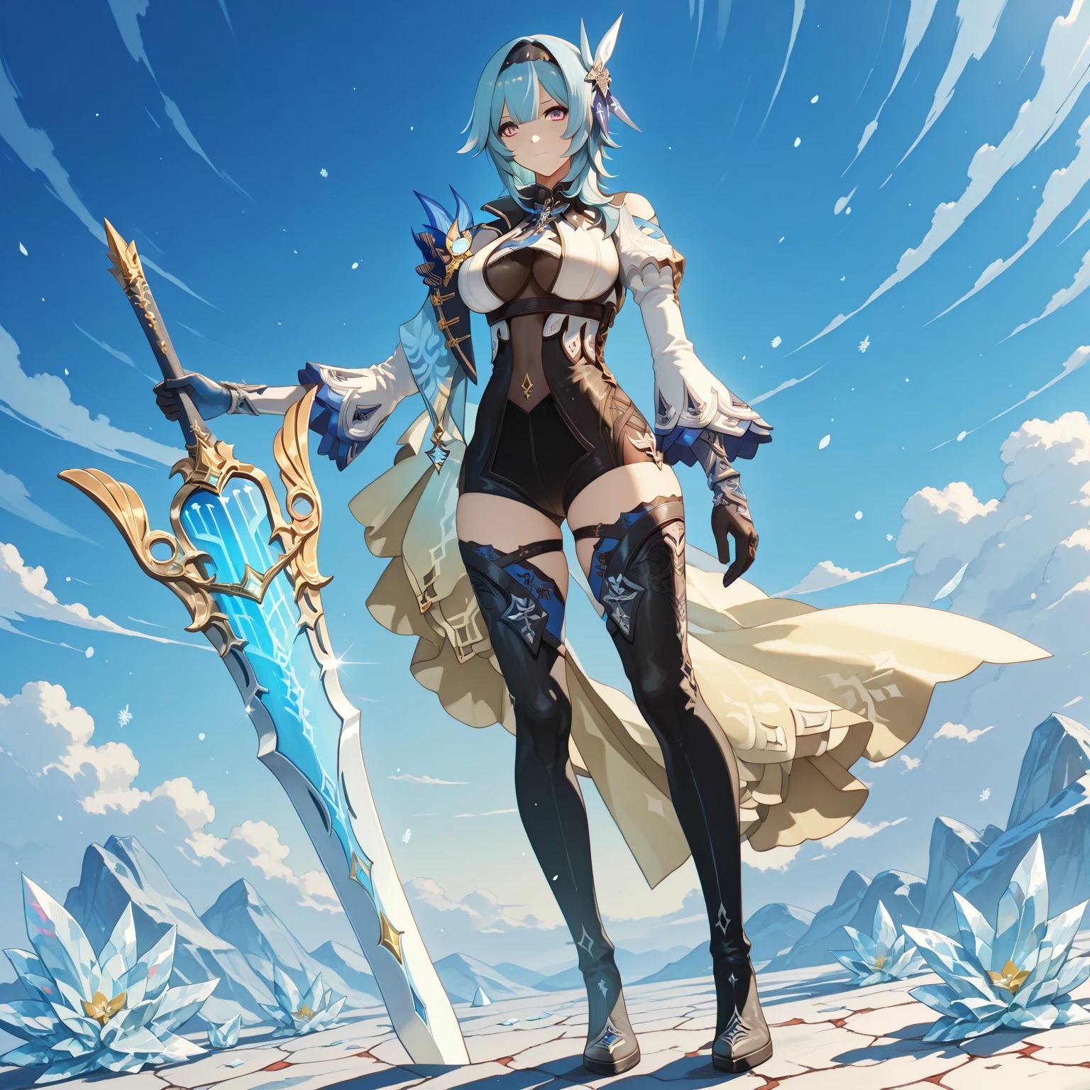 A young girl with long blue braids,Armor Mask,Chest,cleavage,Azure Armor,Full body tights,Iron skirt,thigh,iron boots,ice,sword,Urban ruins