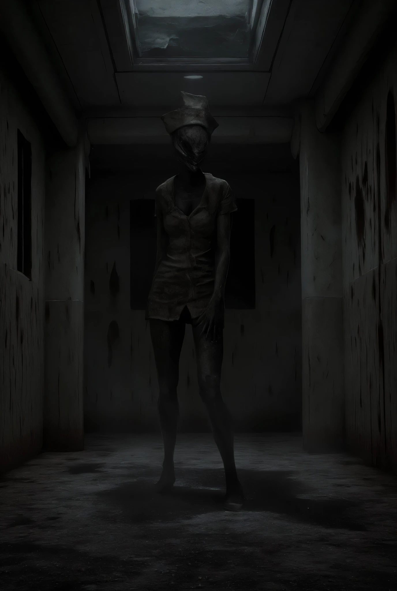 Silent Hill, Nurse, darkness, macabre, rot, dilapidated hospital, hospital hall background, high detail, masterpiece.