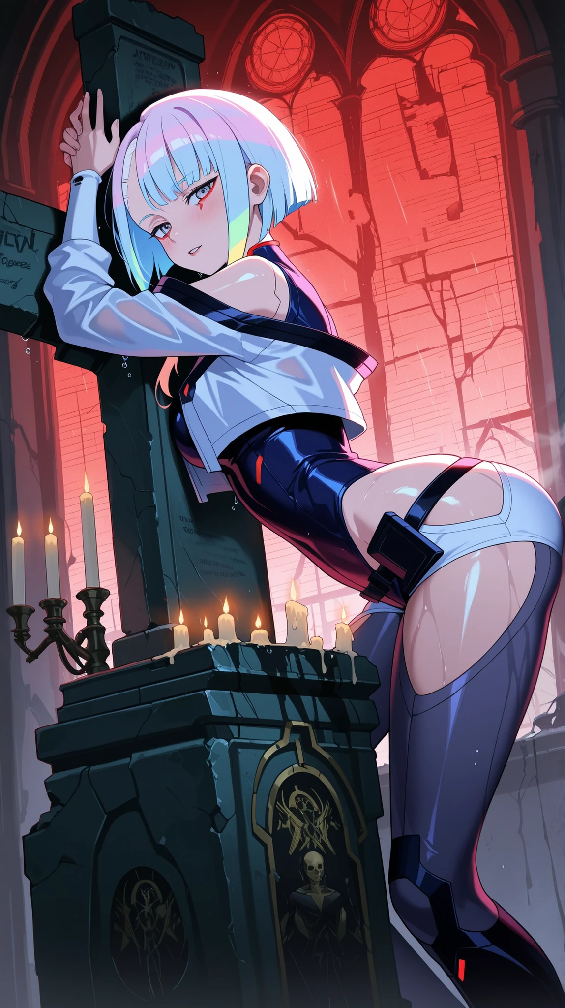 BREAK looking at viewer, BREAK (masterpiece:1.2), best quality, high resolution, unity 8k wallpaper, (illustration:0.8),extremely detailed face, perfect lighting, extremely detailed CG, (perfect hands, perfect anatomy),Abandoned neo-gothic cathedral, cyberpunk dystopia, shattered stained-glass windows glowing with neon holograms (crucifixion scenes replaced with corporate logos), flickering LED candles on broken altar, chains hanging from vaulted ceilings, rain dripping through collapsed roof onto overgrown circuits, a lone cyborg monk praying to a glitching AI deity, cold blue and blood-red lighting, smoke swirling between pews filled with discarded tech, Latin chants distorted by static, "John 3:16" graffiti overwritten with "OBEY" in binary, 4K hyper-detailed, cinematic atmosphere ,lucy \(cyberpunk\),yculpnxl,tight clothes,wet clothes, in middle of street,arched back, raised hips, looking back at viewer, blush, seductive expression,from behind
