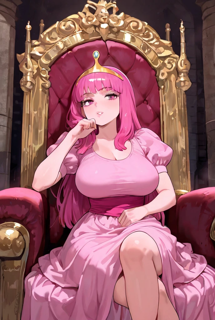 pink-hair princess, (solo:1.4) royal dress, royal panties, golden crown, gold tiara, gold necklace, gorgeous, gold accessories, sexy, breasts, covered --auto