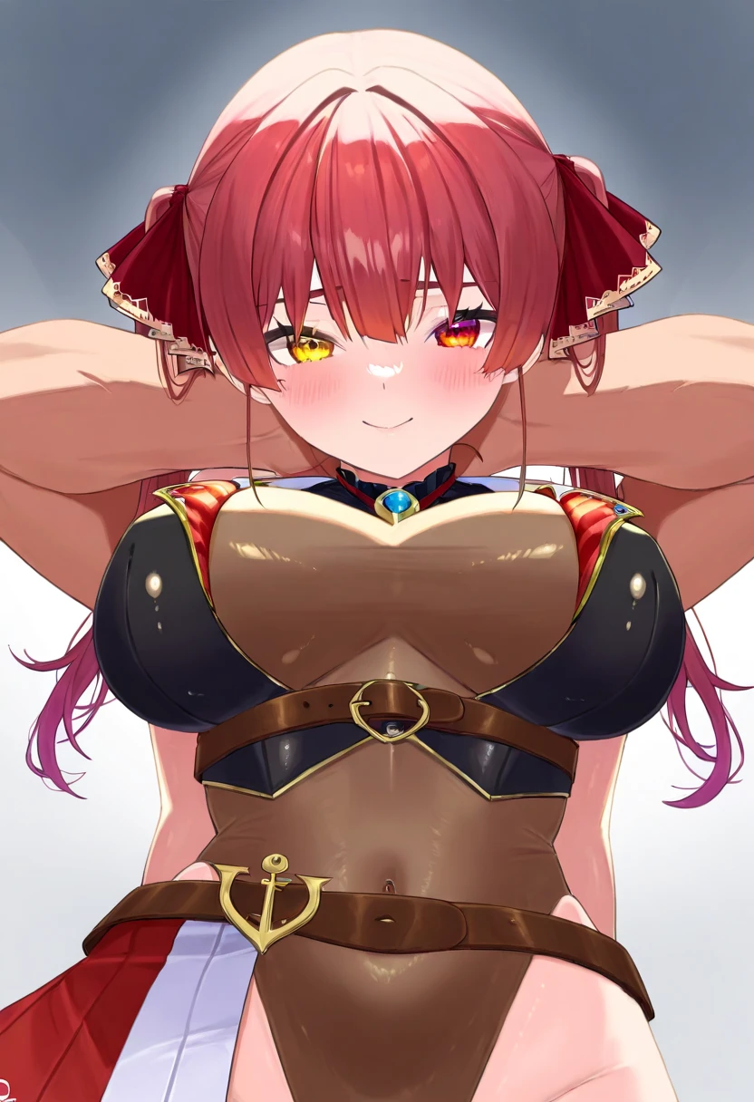masterpiece, highest quality,  Full, redhead, armor, cleavage, elbow bag, Upper body, looking at the viewer, smile, big breasts, I furrowed my brow., grin, :d