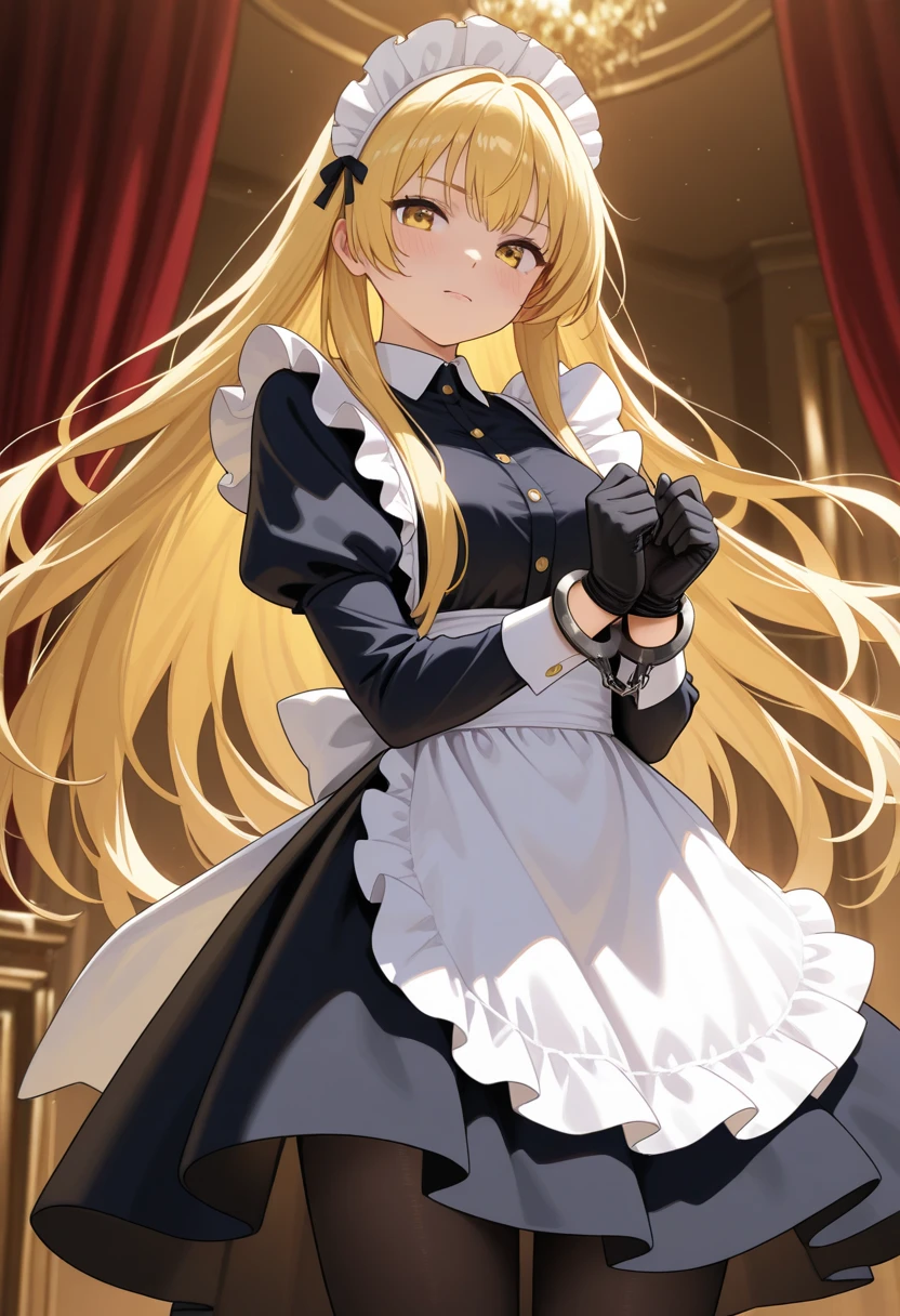 A blonde maid, green eyes, black Gothic costume, quietly cleaning in the castle