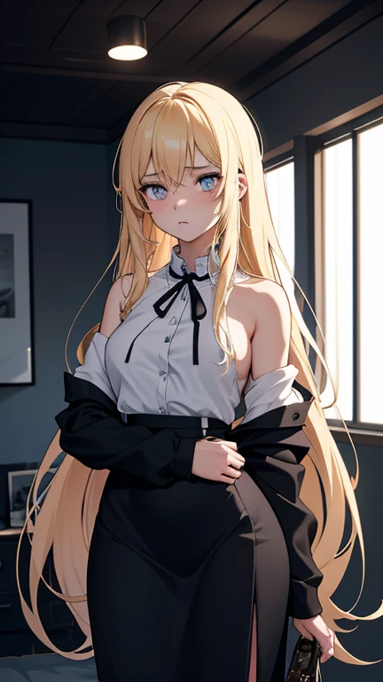 In the bed、Blonde medium-long hair、beautiful girl、Big Breasts、high school girl、shirt、White Shirt、tie、sleeves roll up、damaged fashion、slender