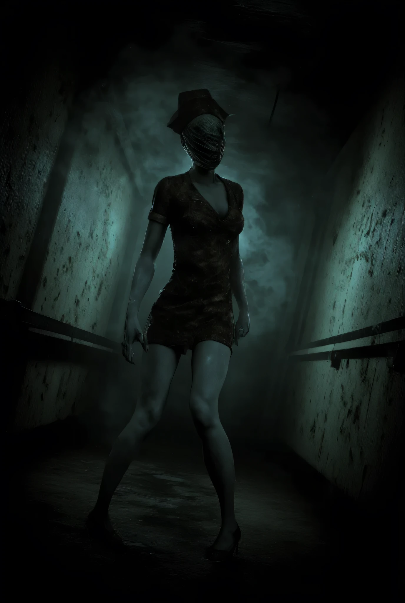 Silent Hill, Nurse, darkness, macabre, rot, dilapidated hospital, hospital hall background, high detail, masterpiece.