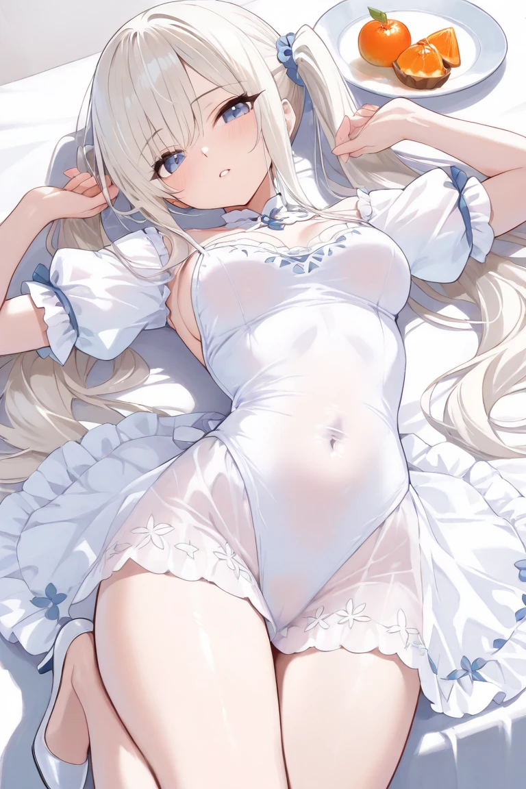 white hair,Top image quality,teens girl,masterpiece,de pele branca,Semi-long hair,,hime-cut,small tits,tits out,Glowing face,lyin in bed,waking up,negligee,Princess,see -through,