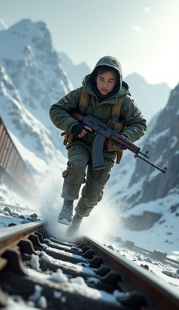 Cruel 10 years Chinese army boy have gun. They are look like no hair, army dress. They are hunters..
Then the boy looking for Himalayas. Cold climate 