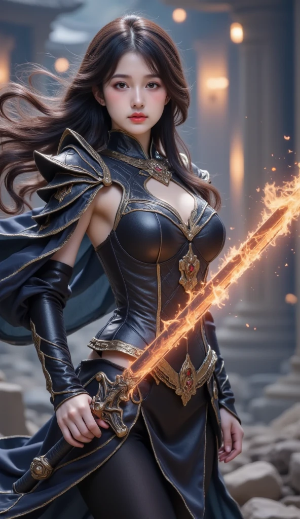 8K resolution, masterpiece, Highest quality, Award-winning works, unrealistic, From above, erotic, Only sexy women, healthy shaped body, 22 years old, Black Mage, Height: 165cm, huge firm bouncing busts,, Silvery long wavy hair, Detailed facial depiction, break, Mysterious blue eyes, Standard nose, eyeliner, Pink Lips, Sexy long legs, Transparent muscle, holy knight, Gothic ruffle long dress, A dress with a complex structure, Seven colourful dresses, Clothed in flames, royal coat of arms, elegant, Very detailed, Delicate depiction of hair, Miniature Painting, Digital Painting, artステーションコンセプトart, Smooth, Sharp focus, shape, artジャム、Greg Rutkowski、Alphonse Mucha、William Adolphe Bouguereau、art：Stephanie Law , Royal Jewel, nature, Symmetric, Greg Rutkowski, Charlie Bowwater, unrealistic, Surreal, Dynamic Lighting, ファンタジーart, Complex colors, Colorful magic circle, flash, dynamic sexy pose, A kind smile, Mysterious Background, aura, A gentle gaze, break, Small faint lights and flying fireflies, night, lanthanum, 山の頂From above下界を見下ろす, Starry Sky, milky way, nebula, shooting star, A sacred staff that emits a brilliant light, Back view, Facing the camera
