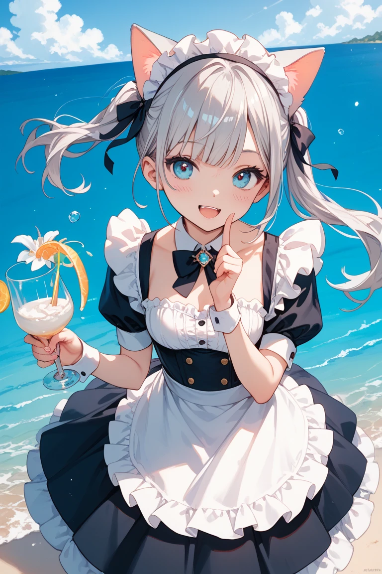 (Silver hair twintails、Ruffled swimsuit、Sand castle building pose)
At dusk、She carefully builds the last tower of her castle。The orange sunset beautifully illuminates her silver hair and sand castle.。