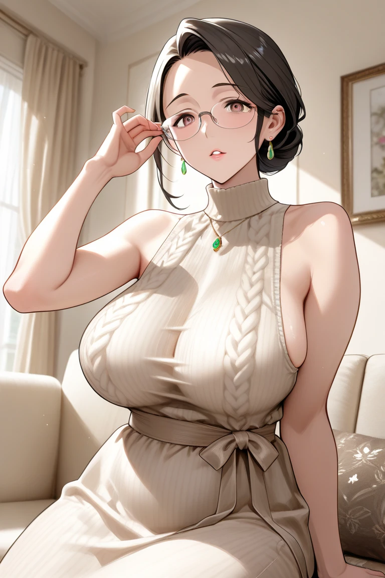 Night time,(Masterpiece), Best Quality, ultra-detailed, 1girl (eri, Slender and sexy body, huge breasts, wide hips, naked body, brown hair, single hair bun, choker, brown eyes, spectacles), a weary face, parted lips, nose blush, blush, facing viewer, looking at viewer, solo, strapless dress(ornate dress), long dress, cleavage, covered nipples, in the livingroom,
against the desk , standing, Sexy waist teasing ,