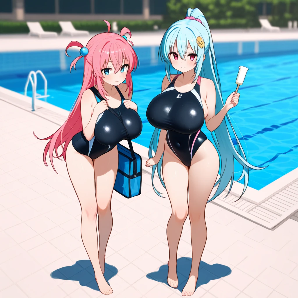 (anime artwork, anime style, studio anime, very detailed, up to date, vibrant, Anime Coloring, high contrast, masterpiece:1.2, best quality, best aesthetics),2 girl,hug from behind,bikini, Medium chest, A glimpse of thighs,random hair, One eye is hidden by the bangs, perfect proportions, high detail skin, Cute, detailed faces,beach, precise fingers,curvy,swim suits  crowd, dark skin,cocoa skin, swim suit tanned,full body 