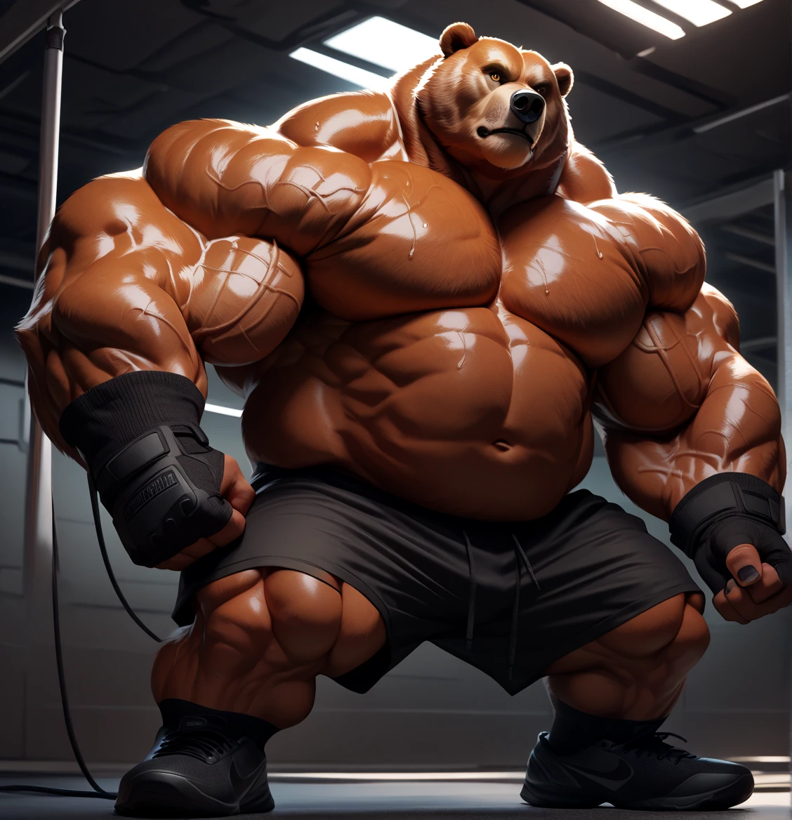 huge muscular kodiak brown bear in big gym fitness center, big grunting, kodiak bear, huge brown fur, thick arm, huge arm, veins all over arms and chests, bald, big brown mustache and beard, (muscular, pectoral, wide pectoral, thick arms), HEIGHT: 220CM, WEIGHT: 320KG, gym sets, workout equipments, ring, punching bag, realistic, 8k, masterpiece, added cinnamon colored eyebrows, deatiled eyes with red pupils, (wearing black mixed martial arts shorts with red slits, black mixed martial art fingerless gloves with red pads, black toeless footwear tapes, shirtless and topless), punching techniques, 