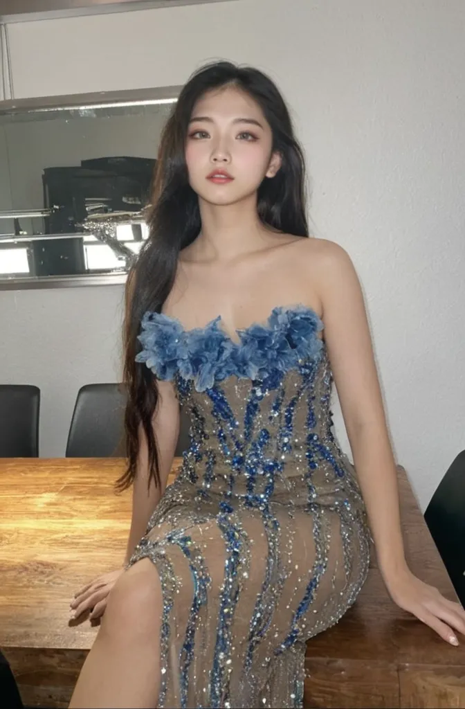 masterpiece、Highest quality、Completely naked、Thigh、Beautiful legs、Sexy Dress、((From below))、Long Hair、Brown Hair、blue、Party Venue