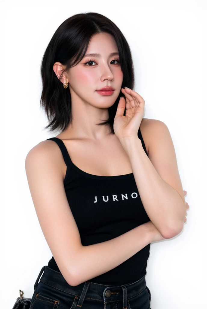 (Highest quality、8k、32K、masterpiece)、(Realistic)、(Realistic:1.2)、(High resolution)、Very detailed、Very beautiful face and eyes、1 girl、Round and small face、Tight waist、Delicate body、(close、Highest quality、Attention to detail、Rich skin detail)、(Highest quality、8k、Oil paints:1.2)、Very detailed、(Realistic、Realistic:1.37)、Bright colors、(((blush)))、(((I am brunette)))、(((Full body standing)))、((short hair、ponytail))、(((Pure white wall background)))、(((She is wearing a white T-shirt)))、jeans、(((Pure white wall background)))、(((It is a short-sleeved T-shirt)))、
