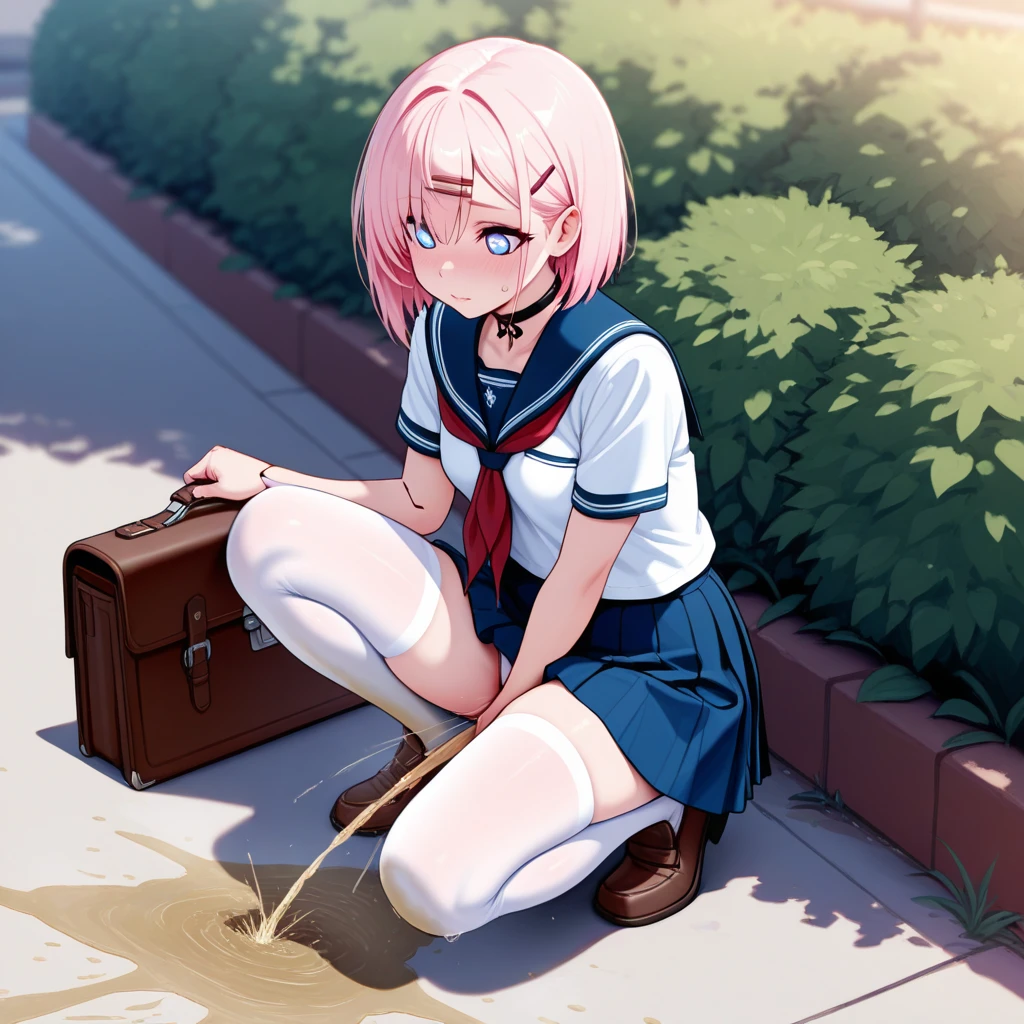 (masterpiece, highest quality), Intricate details, One girl, Squat, Embarrassing, anger, Glare, Blushing,incontinence,Thin yellow liquid spurting out from under the legs,A thin yellow puddle at my feet,In the grass,Yellow stains on underwear,Urinating,Wearing shoes,Alley