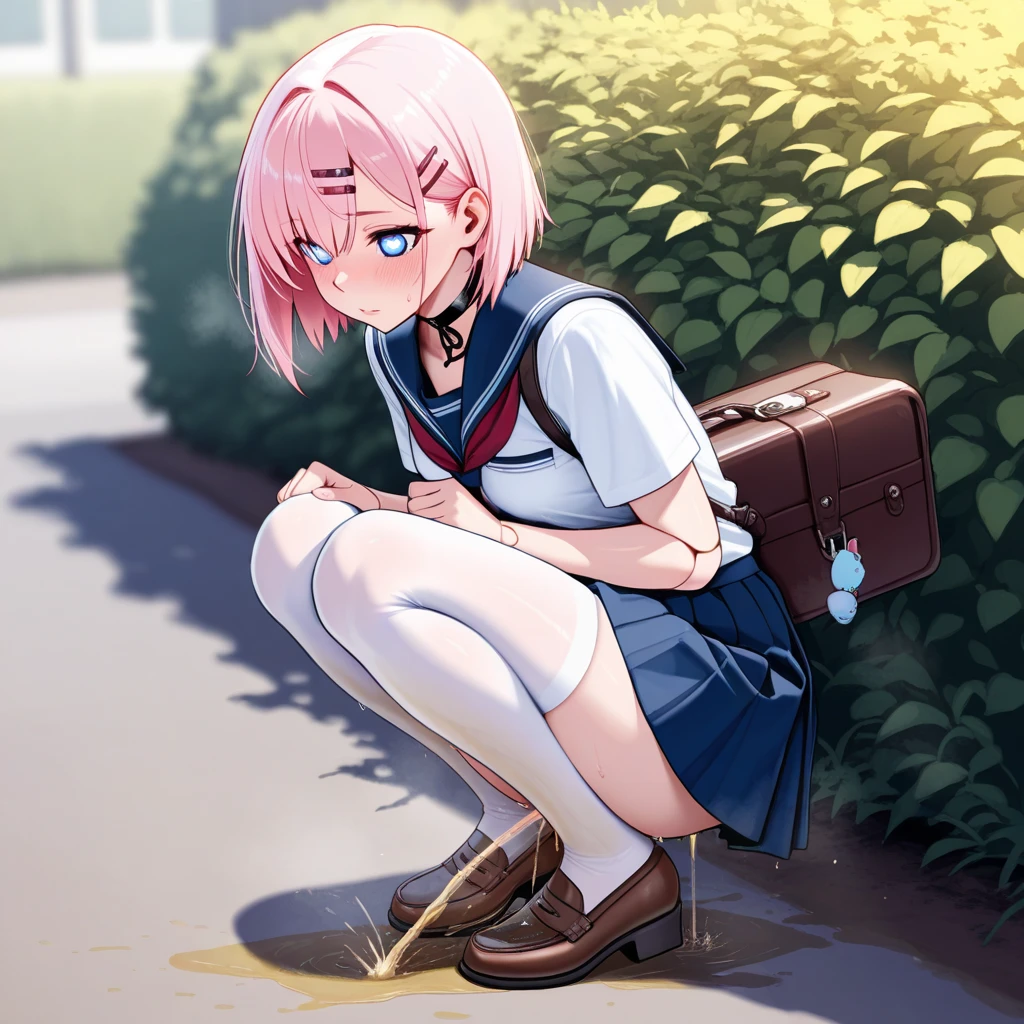 (masterpiece, highest quality), Intricate details, One girl, Squat, Embarrassing, anger, Glare, Blushing,incontinence,Thin yellow liquid spurting out from under her legs,A thin yellow puddle at my feet,In the grass,Black stains on underwear,Urinating,Wearing shoes,Alley,Peeing,Thin yellow liquid dripping from the crotch