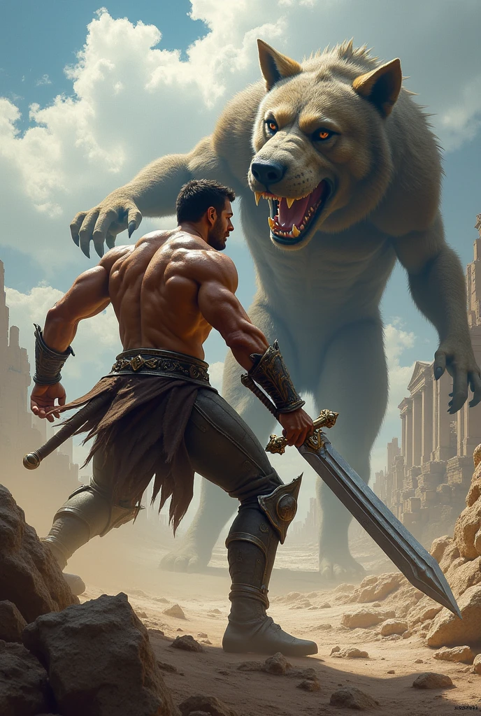 create a barbarian with a roman helmet ,with a sword in hand,fighting a wild bear,realistic black and white tattoo style in high definition