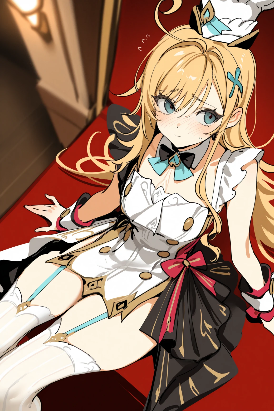 eqlc, 1girl, long hair, solo, strapless dress, skirt lift, white panties, blonde hair, crown, blue eyes, empty eye, hairband, looking at viewer, white gloves, small breasts, flat chest, covered navel, bow, black hairband, detached sleeves, bangs, mini crown, detached collar, blank face, , parted lips, facing viewer, looking at viewer, in the bedroom, standing, Sexy waist teasing , skirt lift
