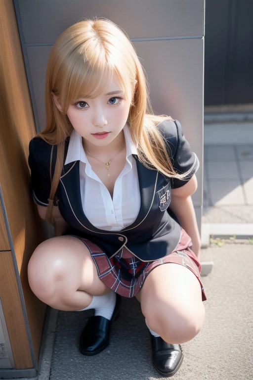 One girl, blonde, straight hair, bangs, schoolgirl uniform, white underwear, squat movements, inside an abandoned boiler room, perfect anatomy, depth of field, (photorealistic: 1.4), spiritual silence, transcendental tranquility, Absurdres, hdr, ultra detailed illustration, highly detailed face, RAW photography, film grain, deviantart trend, night, A scene from the movie,